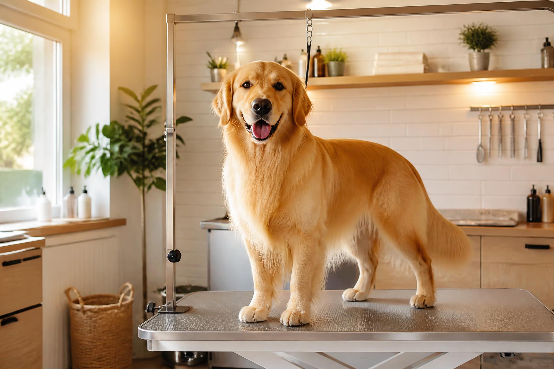 Chien sur une table de toilettage dans un salon lumineux